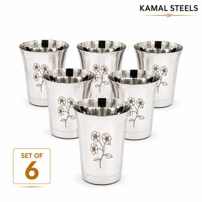 DRINKING GLASS WITH FLORAL DESIGN (Set of 6) — wholesale stainless steel from Kamal Steels Mumbai