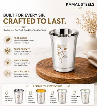 DRINKING GLASS WITH FLORAL DESIGN — wholesale stainless steel from Kamal Steels Mumbai